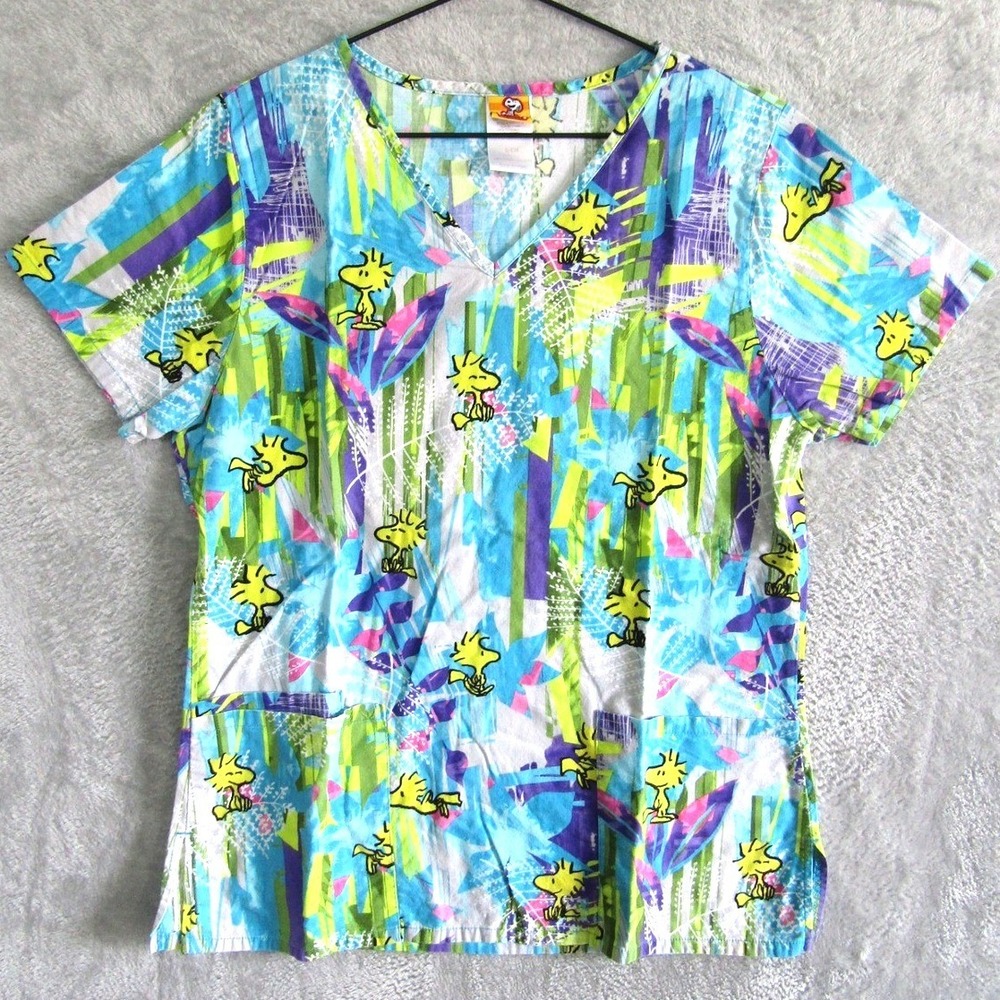 Peanuts Woodstock Scrub Top Small Blue Green Abstract V-Neck